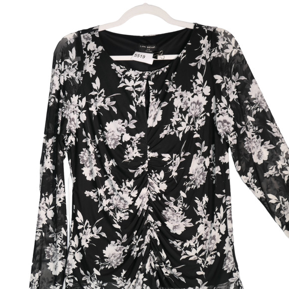 Lane Bryant Blouse Women Size 14 16 Black White Mesh Overlay Ruched Stretch Boho - Picture 2 of 7